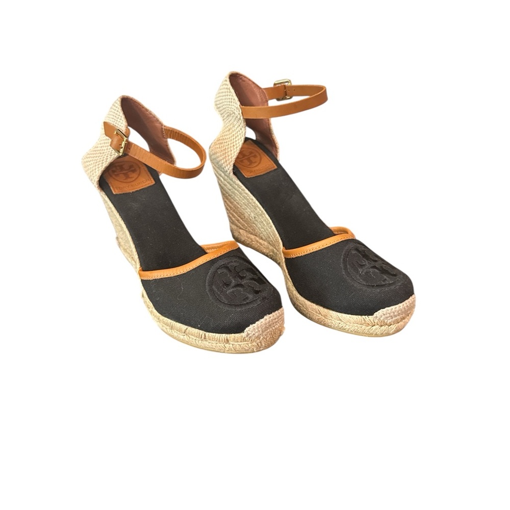 Tory Burch Black and Tan Espadrille Sandals